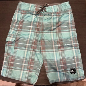 O’Neill Men’s Blue & Grey Plaid Tie Waist‎ Board Shorts Size 28”
